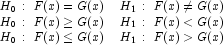 
            \begin{array}{ll}
            H_0:~ F(x) = G(x)   & H_1:~F(x) \ne G(x) \\
            H_0:~ F(x) \ge G(x) & H_1:~F(x) \lt G(x) \\
            H_0:~ F(x) \le G(x) & H_1:~F(x) \gt G(x)
            \end{array}
            