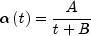 alpha left( t right) = frac{A}{t+B}