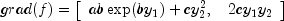 grad(f) = \left[ {\begin{array}{*{20}c} {ab\exp (by_1 ) + cy_2^2 ,} & {2cy_1 y_2 } \\ \end{array} } \right]