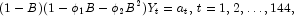 (1-B)(1-\phi_1B-\phi_2B^2)Y_t=a_t,\, t=1,2,\ldots,144, 