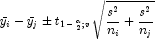 \bar{y}_i-\bar{y}_j\pm{t_{1-\frac{\alpha}{2};v}
            \sqrt{\frac{s^2}{n_i}+\frac{s^2}{n_j}}}